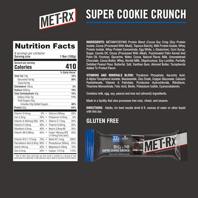 MET-Rx Big 100 Protein Bar, Meal Replacement Bar, 32G Protein, Super Cookie Crunch, 9 Bars (Pack of