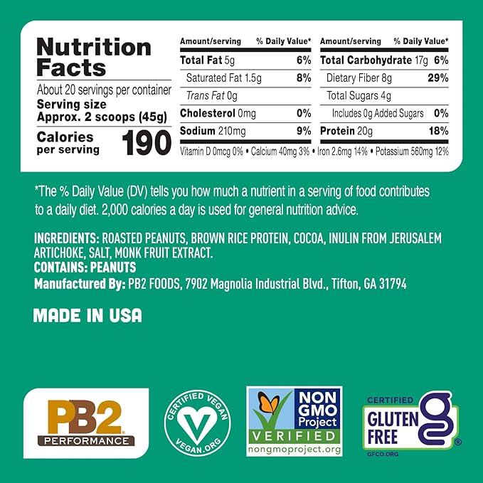 PB2 Performance Peanut Plant Based Vegan Protein Powder | 20g Complete Protein, No Added Sugar