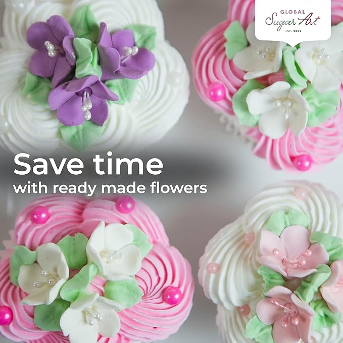 Global Sugar Art Blossom Sugar Cake Flowers with Pearl Stamens, Pink Unwired, 24 Count by Chef Alan