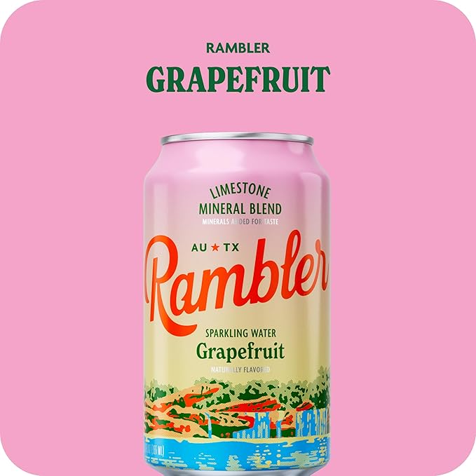 AUTX RAMBLER Sparkling Water, Texas Limestone Mineral Blend, Grapefruit Flavor, 12-Ounce Cans