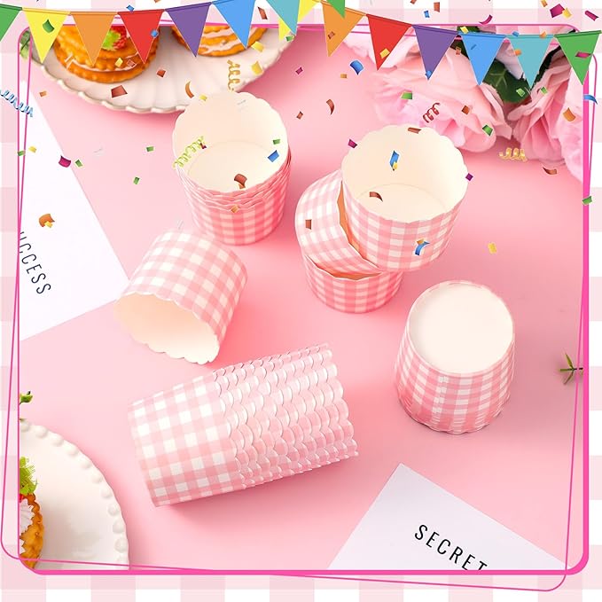 Vesici 150 Pcs Pink Gingham Ice Cream Cups 5oz Dessert Paper Bowls Gingham Scalloped Cupcake Cups
