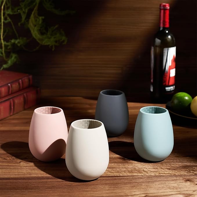 Unbreakable Silicone Stemless Wine Glassware | Set of 4 | Reusable & Shatterproof Tumbler Drinkware