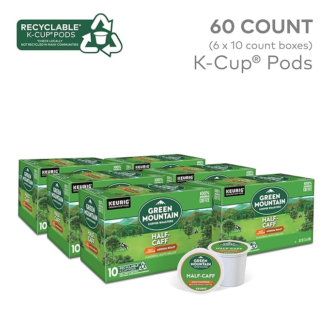 Green Mountain Coffee Roasters Half Caff, Keurig Single Serve K-Cup Pods, Medium Roast Coffee, 60