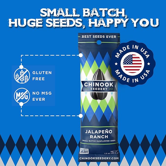 Chinook Seedery Roasted Sunflower Seeds to Eat - 1.5 oz (Pack of 36) Jalapeno Ranch - Jumbo Low