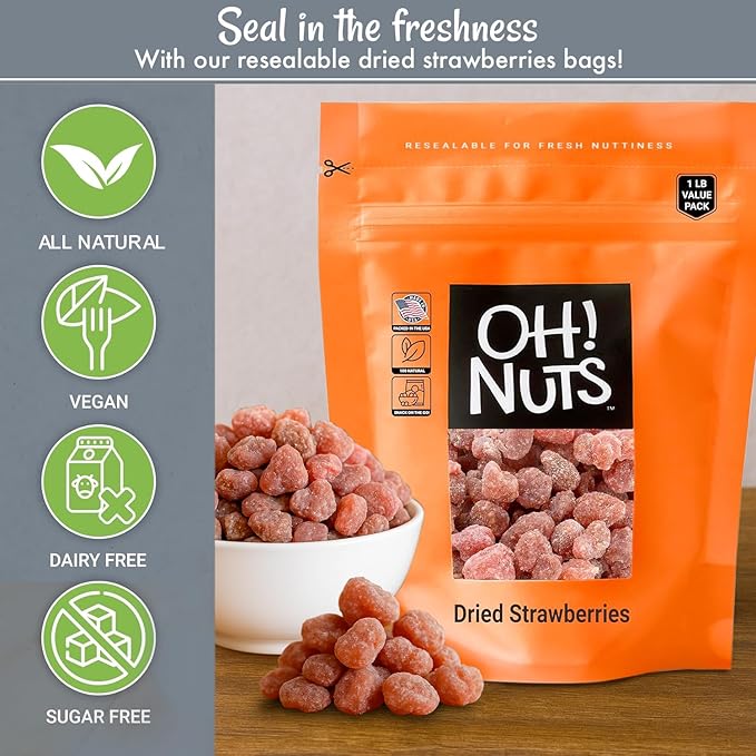 Oh! Nuts Dried Strawberries - 1 LB - Sweetened Dried Fruit - Dehydrated Fruit Bites - Packed in New