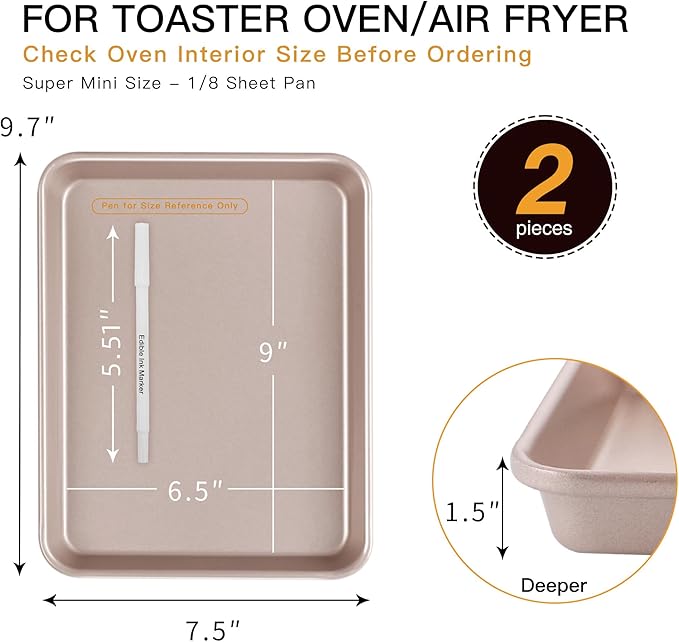 HONGBAKE Toaster Oven Pan Nonstick Set of 2, Premium 1/8 Sheet Pan for Baking, Small Cookie Sheet