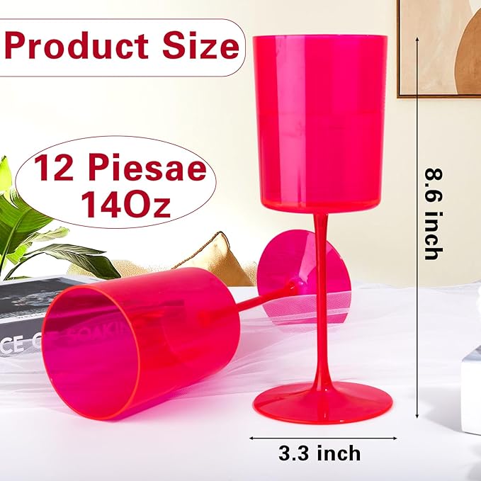Ciaell 12 Pack Plastic Wine Glasses - 14Oz Hot Pink Plastic Wine Glasses With Stem - Disposable