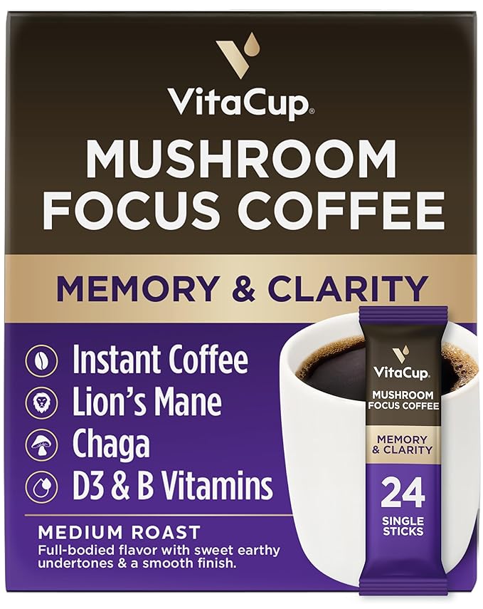 VitaCup Focus Mushroom Coffee Instant Packets, for Memory & Clarity Support, w/Fiber, Chaga, Lion’s