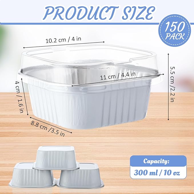 Aoriher 150 Pieces 10 oz Mini Cake Pans with Lids Aluminum Foil Baking Cups Square Disposable 4" x