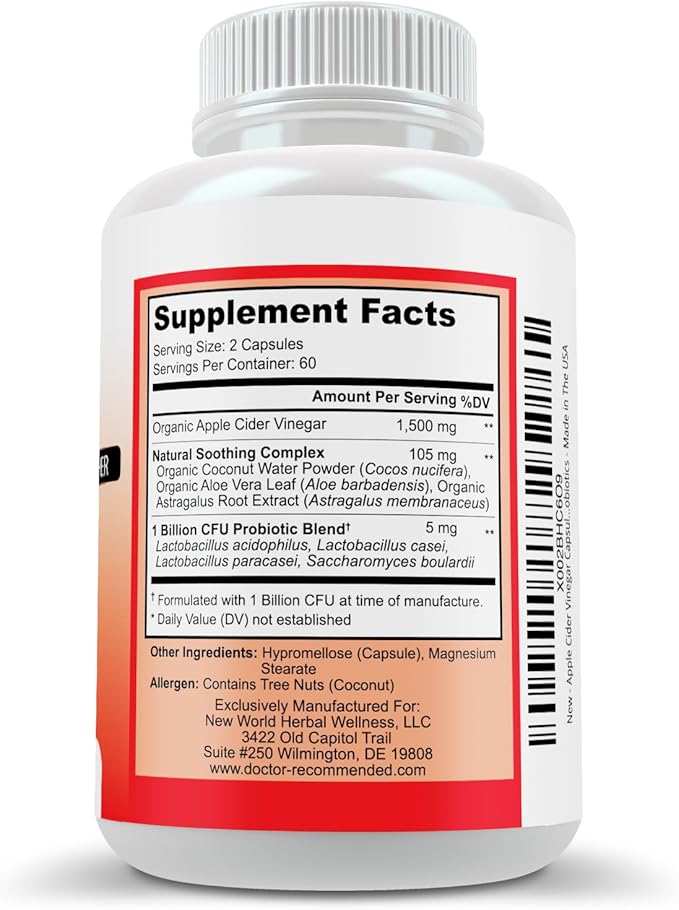 Apple Cider Vinegar Capsules - (120 Veggie Capsules) Organic ACV Supplement with Probiotics