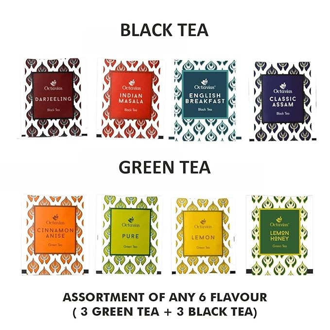 Octavius Assorted Tea Gift Set | 6 Assorted Black & Green Teas | 30 Teabags | Wooden Tea Sampler
