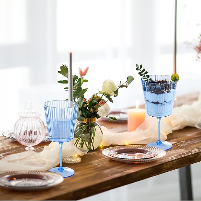 48 PCS Blue Ribbed Plastic Wine Glasses 13.5 OZ Ribbed Wine Glasses Detachable Wine Glass Elegant