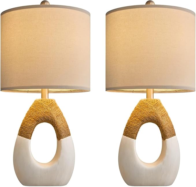 OYEARS Boho Table Lamps Bedroom Living Room Set 2 Small Farmhouse Rattan Table Lamp 19”Rustic Home