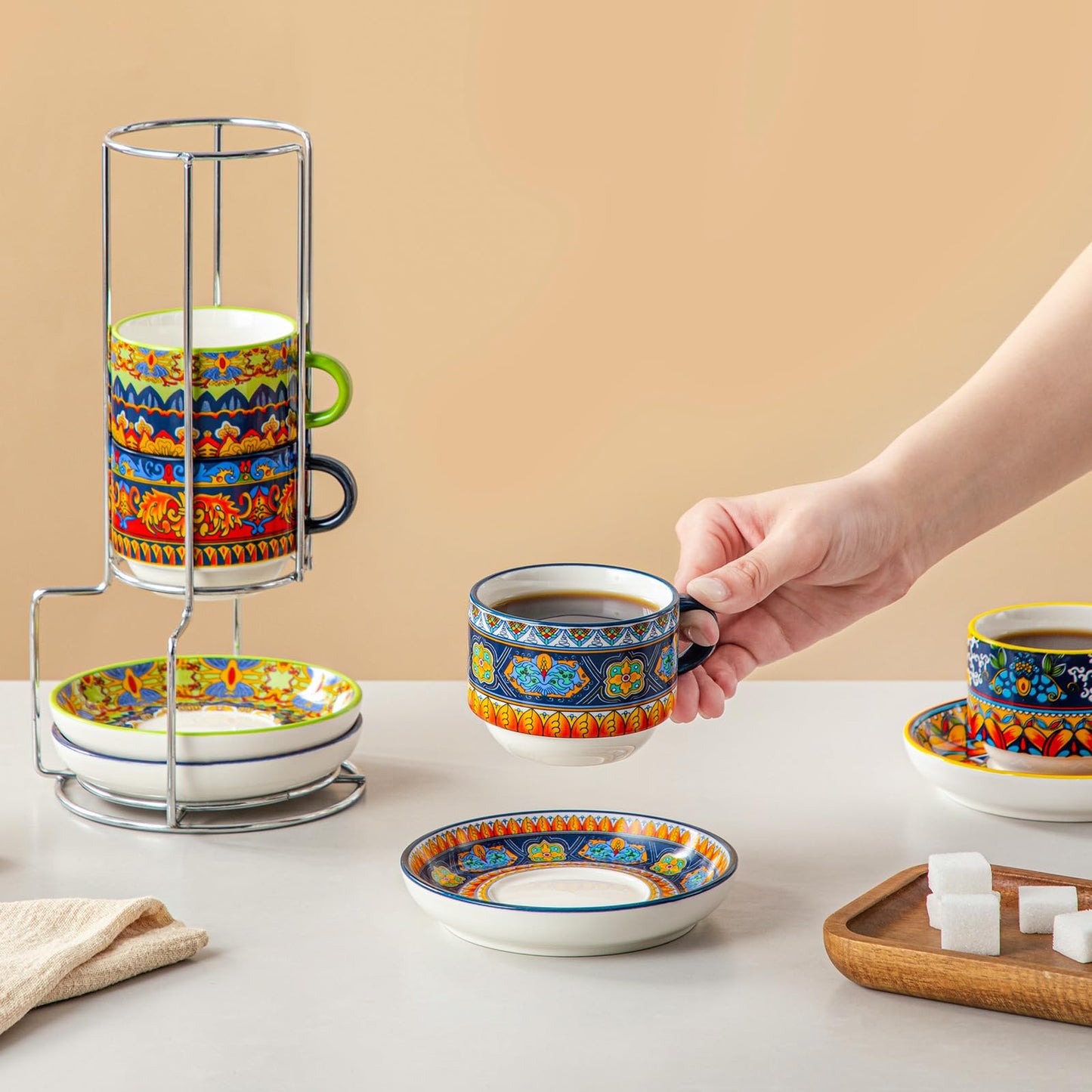 vancasso 4 Oz Bohemian Espresso Cups Set of 4 with Stand