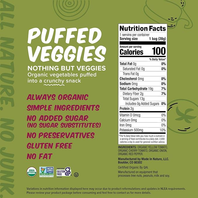Made In Nature Organic Puffed Veg Medley, 1 Ounce (Pack of 6) ??Veggie Variety Pack, Vegan Snack
