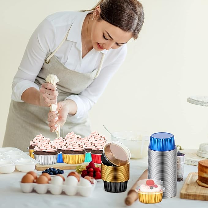 120 Pcs Aluminum Foil Baking Cups Mini Cake Pans with Lids 5 oz Cupcake Liners Disposable Muffin