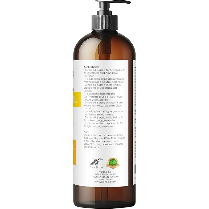 velona Canola Seed Oil 16 fl oz | 100% Pure and Natural Carrier Oil | Refined, Expeller pressed |