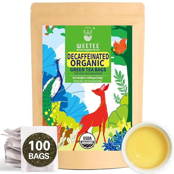 WT WEETEE Organic Decaf Green Tea Bags, Organic Green Tea 100 Count | CO2-Decaffeinated | Super