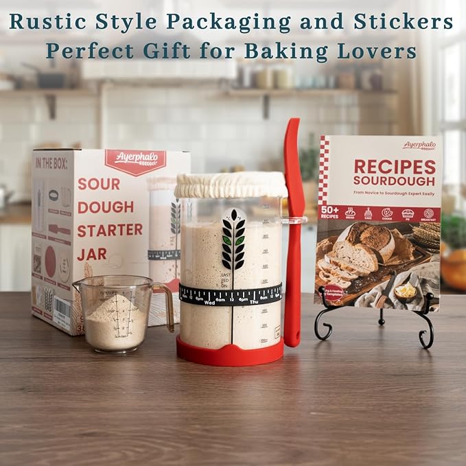 Sourdough Starter Kit - 38oz with Cookbook, Measuring Cup, Spatula, Wide Mouth Jar Cover