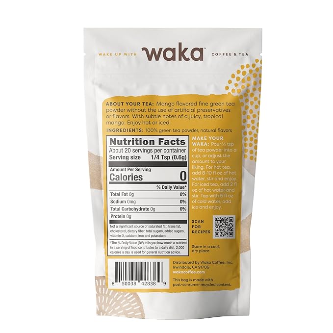 Waka Instant Green Tea Mix, Mango Flavored - 100% Tea Leaves, No Additives, Unsweetened