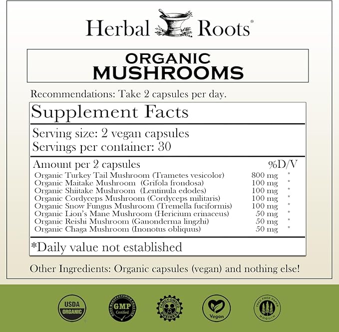Herbal Roots Organic 8 Mushroom Blend Supplement Capsules - 100% Fruiting Body Extracts - Wellness