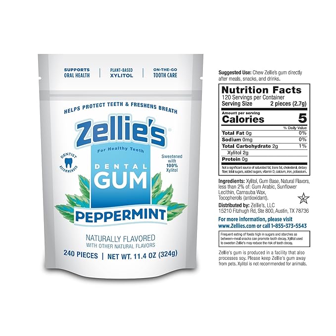 Zellie's | 100% Xylitol Peppermint Chewing Gum | No Aspartame, Gluten Free, Vegan & Kosher (240
