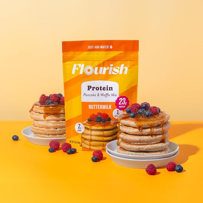 Flourish Protein Pancake & Waffle Mix, with Whey Protein & Flax Seed, No Added Sugar, High in