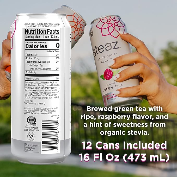 Steaz - Organic Green Tea - Zero Calorie Raspberry (12 Pack) - Antioxidant Brew - 65mg Natural