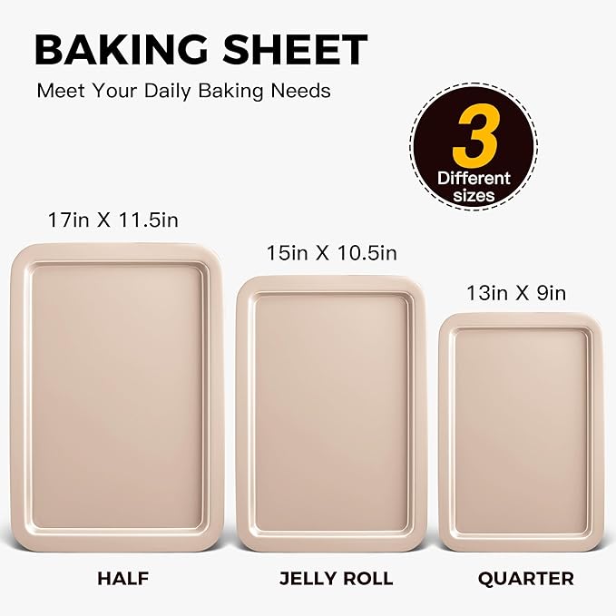 HONGBAKE Cookie Sheets, Baking Sheet Set, Nonstick Oven Pan with Wider Grips, 3 Pack Half/Jelly