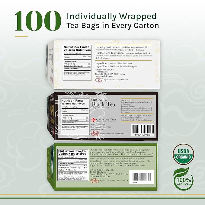 Uncle Lee's Organic White, Black, and Green Tea Variety 3-Pack ??Premium Organic Tea, Smooth, Bold