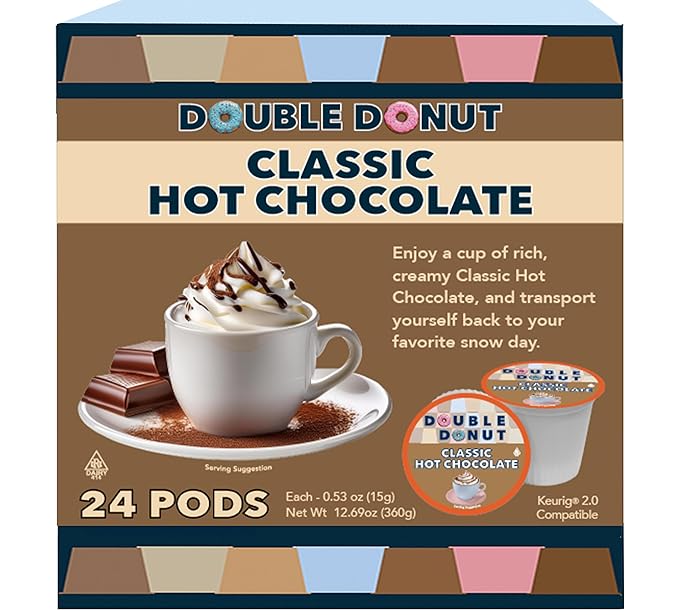 Double Donut Hot Chocolate Pods for Keurig K Cups Brewers, Single Serve Classic Hot Cocoa Pods, 24