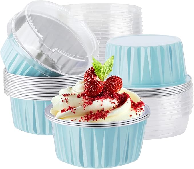 EUSOAR Disposable Ramekins with Lids, Lake Blue 25Packs 5oz Aluminum Foil Mini Muffin Liners
