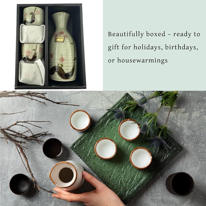 JapanBargain 4977, Japanese Plum Porcelain Sake Set Sake Carafe Bottle Sake Cups for Serving Hot