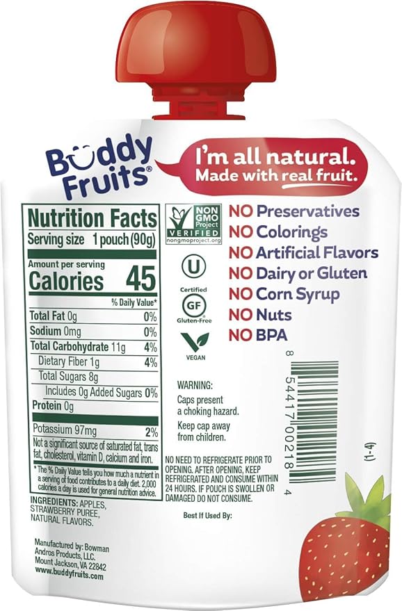Buddy Fruits Snacks To Go Strawberry Unsweetened Applesauce 3.2oz Pouch (18pk)