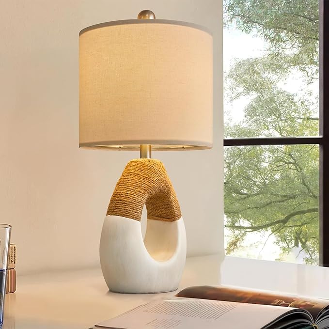 OYEARS 19” Boho Table Lamps Bedroom Living Room,Suitable for Small Space,Farmhouse Rattan Lamp