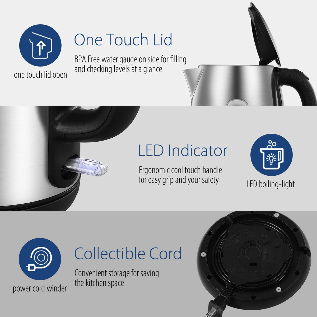 COMFEE' Stainless Steel Electric Kettle, 1.7 Liter Tea Kettle Electric & Hot Water Kettle, 1500W