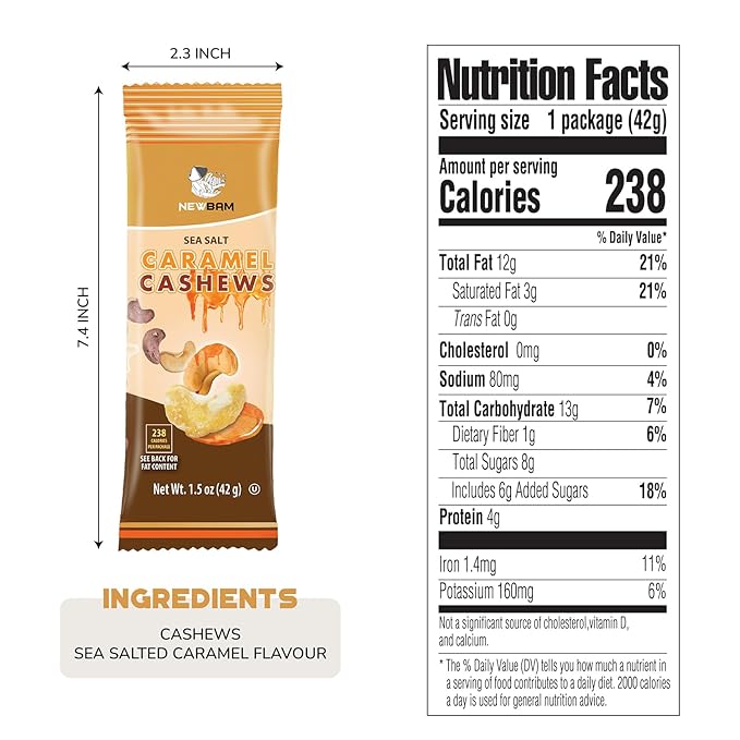 NEWBAM Sea Salt Caramel Cashews Individual Packs - 12 Cashew Snack Packs Roasted Nuts (1.5oz Each)