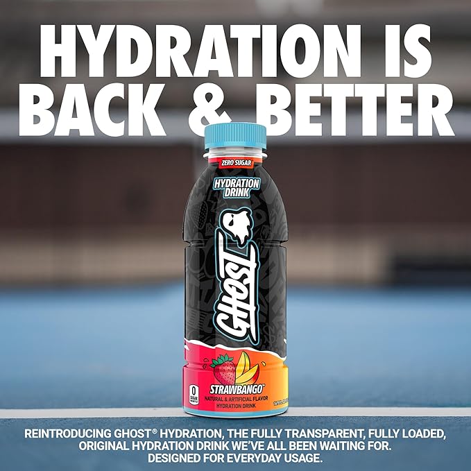 GHOST Hydration Drink, Strawbango - RTD Sports Drink with Electrolytes, Natural Vitamins & Minerals