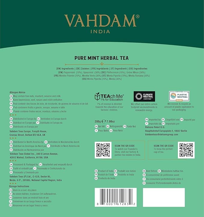 VAHDAM, Pure Mint Herbal Tea (100 Pyramid Tea Bags) Caffeine Free, Non GMO, Gluten Free | Blend of