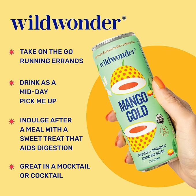 wildwonder Sparkling Probiotic Drink 12pk, For Gut Health & Immune Support, Mango Gold, 5g