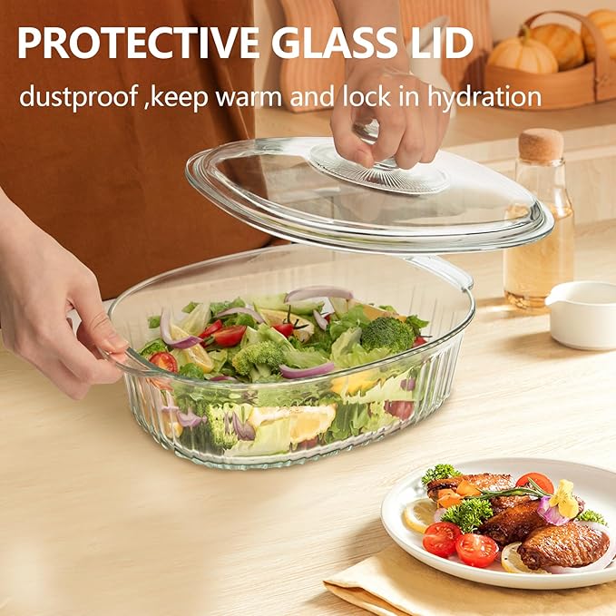 Luvan 2.8L/3Qt Glass Casserole Dish with Lid, Ribbed Oval Glass Baking Dish for Oven & Microwave