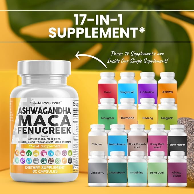 Clean Nutraceuticals Ashwagandha Maca Root Fenugreek Supplement with Tongkat Ali Ginseng - Assists