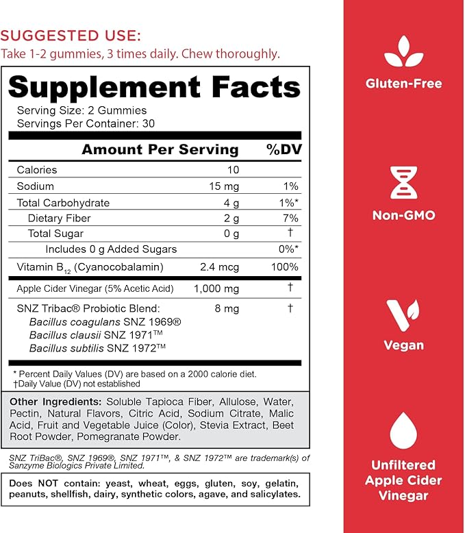 Goli Zero Sugar Apple Cider Vinegar Gummies - Vitamin B12, Probiotics to Address Bloating. No