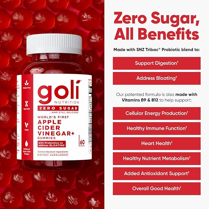 Goli Zero Sugar Apple Cider Vinegar Gummies - Vitamin B12, Probiotics to Address Bloating. No