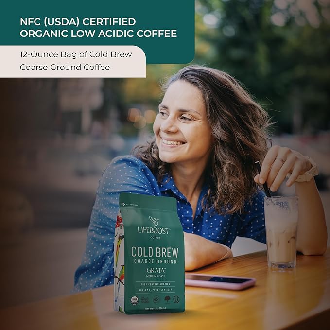 Lifeboost Low Acid Cold Brew Coffee – Organic Coarse Ground Medium Roast for Cold Brew – Single