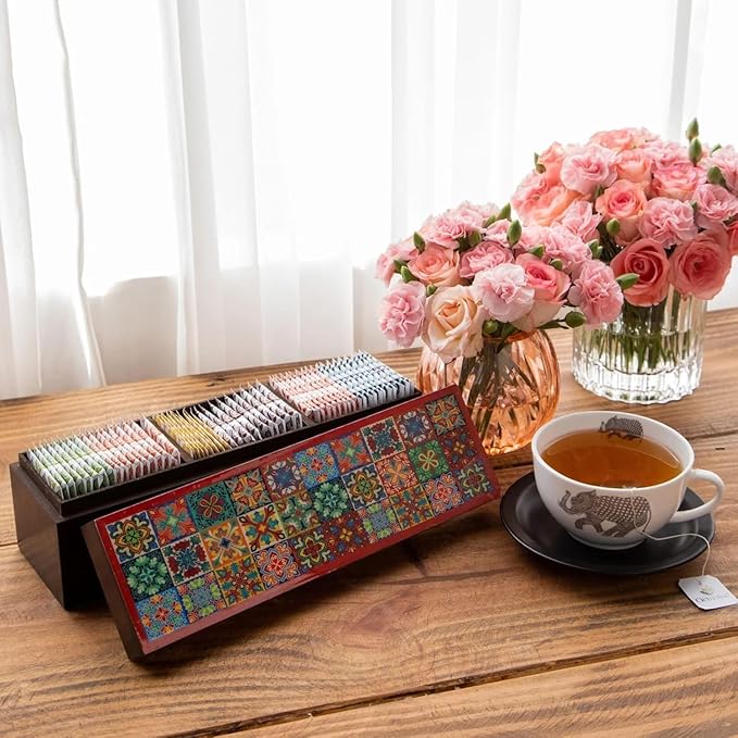 Octavius - Assorted Tea Variety Pack in Tile Motif Design Wooden Box | 6 Flavors, 60 Tea Bags |