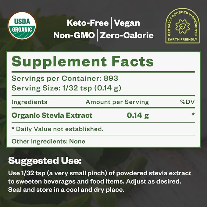 Purisure Stevia Concentrated Powder,125 g, Premium Zero Calorie Sweetener - Powdered Pure Stevia