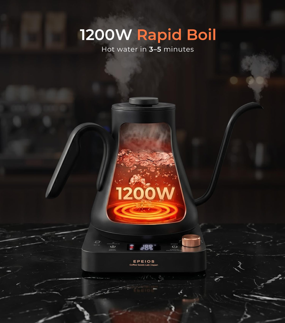 Epeios Gooseneck Electric Kettle ±1°F Temperature Control,1200W,0.9L,Black