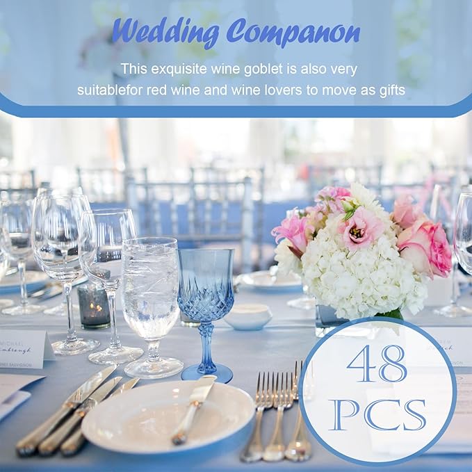 48 PCS Blue Plastic Wine Glasses,Reusable Plastic Wine Glasses,Blue Goblet Glass,Durable and Sturdy