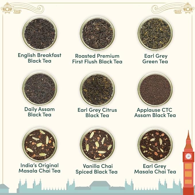 VAHDAM Weekend in London Tea Gift Set – Travel Edition Gift Box | 9 Varieties of Chai & Black Tea |